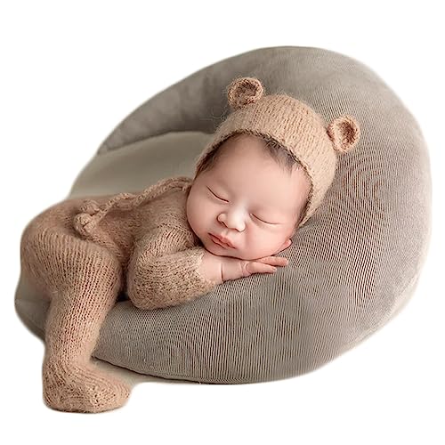 Image of Zeroest Newborn Boy Photoshoot Outfits and Props Bear Bonnet with Footed Romper Infant Baby Photography Crochet Knitted Set