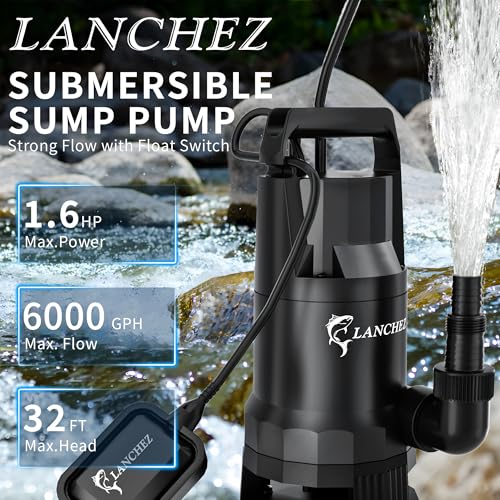 Image of LANCHEZ Sump Pump, 1.6HP High Flow Submersible Water Pump with Float Switch, 6000GPH Automatic Transfer Utility Pump Pump for Swimming Pool Basement Flooded Pit Sewage Sink Tub, Medium