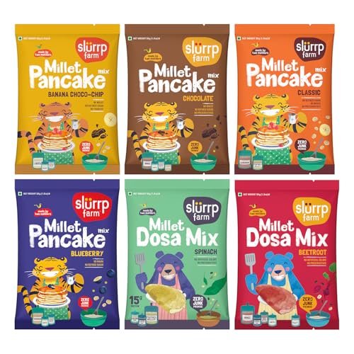 Slurrp Farm Healthy Breakfast and Snacks Trial Pack Combo, Millet Pancake and Dosa Mix, 300g (Pack of 6, 50g each) Slurrp Farm Healthy Breakfast and Snacks Trial Pack Combo, Millet Pancake and Dosa Mix, 300g (Pack of 6, 50g each)
