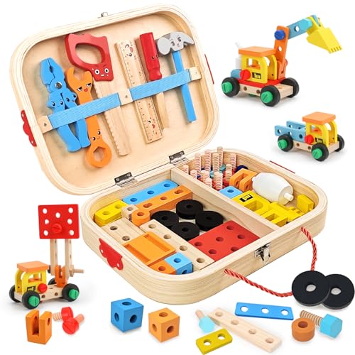edutree Kids Tool Set Toys for Toddlers 3 4 5 Years Old, Wooden Pretend Play STEM Construction Kits with Tool Box, Montessori Educational Learning Construction Toy for Boys Girls