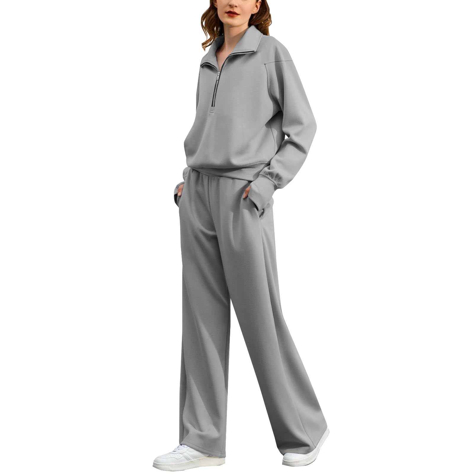 Tuta da donna oversize con colletto alla coreana, mezza zip, pantaloni da