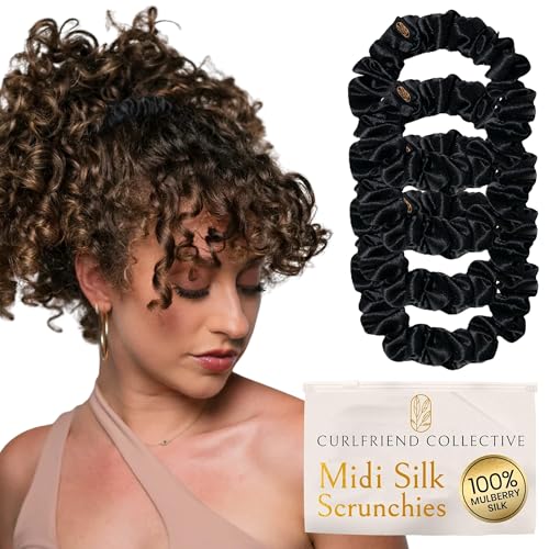 Image of Curlfriend Collective Onyx Midi Curly Hair Silk Scrunchies for Women, Black | 22 Momme Mulberry Silk Hair Ties for Curly, Coily, and Wavy Hair - Black, Pack of 4