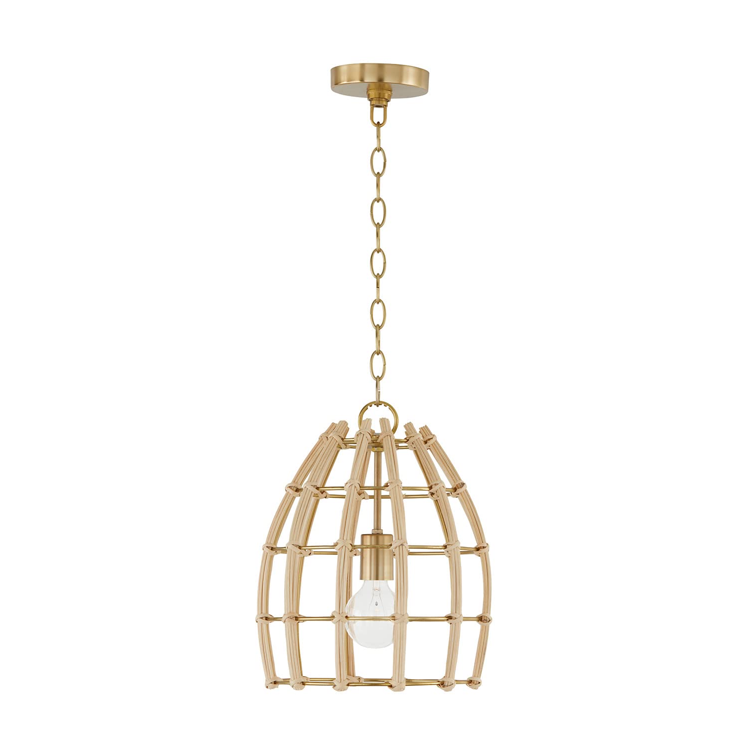 Capital Lighting 344111MA Wren Modern Handcrafted Rattan Bell Pendant Ceiling Light Fixture, 1-Light 100 Watt, 15" H x 12" W, Matte Brass