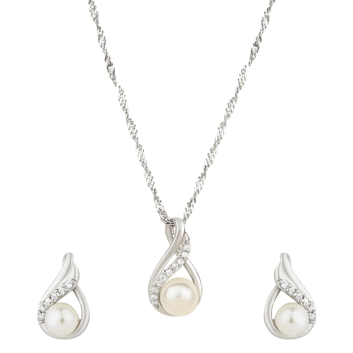 I Jewels Glittering Cubic Zirconia Designer Chain Pendent Necklace Jewellery Set with Pearl Drop Earring for Women (Silver) (B098MDW9V6) Amazon Price History, Amazon Price Tracker