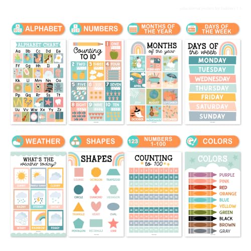 Image of Hadley Designs 16 Educational Posters for Classroom Decor - Boho Educational Posters for Toddlers 1-3, Toddler Learning Posters for Kids Ages 3-5, Kindergarten & Preschool Classroom Must Haves