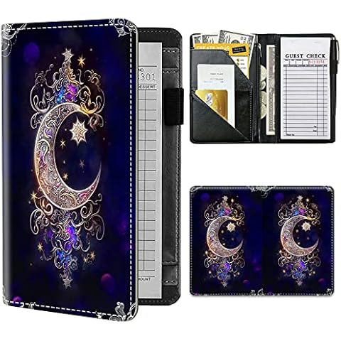 Server Books for Waitress,BEOTIWAD PU Leather Waiter Books with Zipper and Check Book Holder Money Pocket Personal Organizer Wallet for Restaurant Fit Server Aprons,Moon Star Galaxy Floral Cover