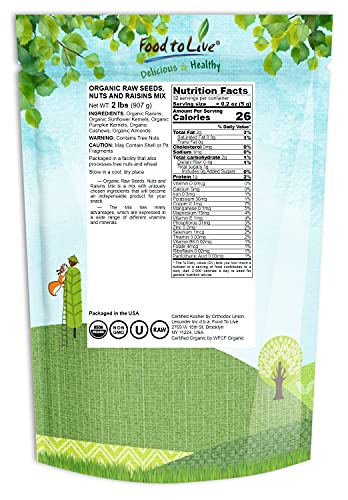 Organic Raw Seeds, Nuts And Raisins Mix, 2 Pounds – Raw And Non-Gmo Trail Mix Contains Almonds, Cashews, Pumpkin Seeds, Sunflower Seeds, Raisins. Vegan Superfood Snack, Kosher, No Added Sugar And Oil, Bulk #TOP1