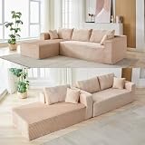 PixelPilot Ecksofa L-Form Sofa mit 3 Kissen, Schlafsofa mit Schlaffunktion, Cord Modularesmit Couch...