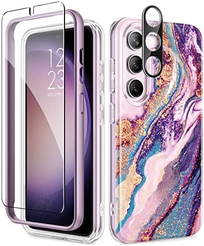 GVIEWIN Compatible with Samsung Galaxy S23 Case 6.1" 2023, with Screen Protector + Camera Lens Protector,[21ft Drop Tested], Marble Slim Shockproof TPU Anti-Scratch Protective Cover,Purple