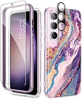GVIEWIN Compatible with Samsung Galaxy S23 Case 6.1" 2023, with Screen Protector + Camera Lens Protector,[21ft Drop Tested], Marble Slim Shockproof TPU Anti-Scratch Protective Cover,Purple