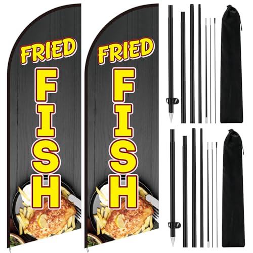 Remagr 2 Pack Fried Fish Feather Flags with Poles &