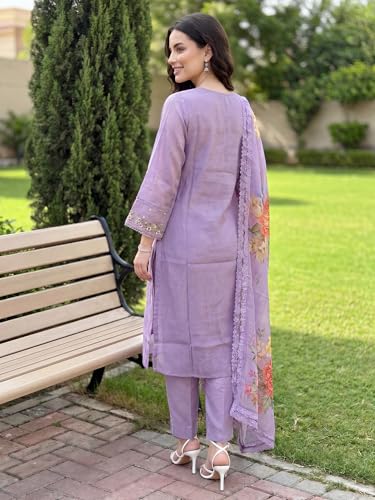 Image of INDO ERA Women's Silk Blend Embroidered Thread Work Kurta & Pant with Dupatta Set