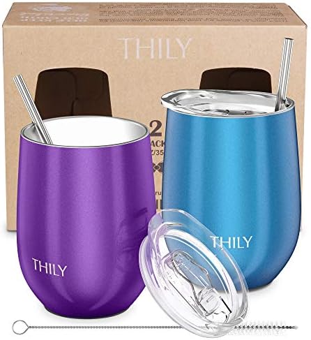 THILY Stainless Steel Stemless Wine Tumbler 12 oz Vacuum Insulated Travel Wine Glasses Set with Sliding Lid, Metal Straw, House Warming Present, 2 Pack(Purple + Blue)