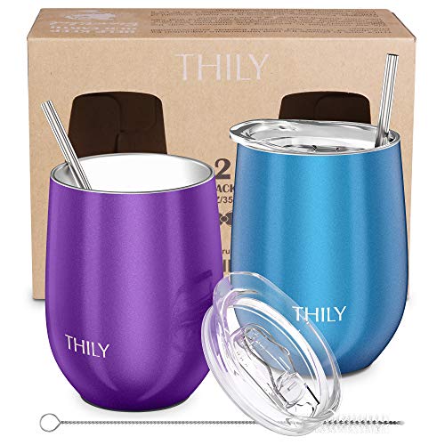 Vacuum Insulated Stemless Wine Tumbler - THILY Triple-Insulated Stainless Steel Travel Glasses...