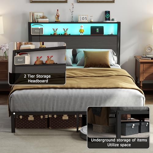 Image of Queen Size Bed Frame with Headboard, Metal Platform Bed Frame with LED Lights & Charging Station, Under Bed Storage, Solid and Stable, No Box Spring Needed, Noise Free, Easy Assembly, Dark Grey