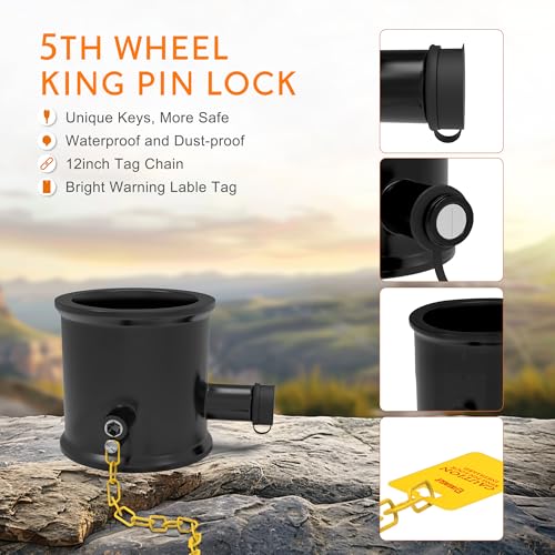 Image of 5th Wheel King Pin Lock, Heavy Duty Steel Trailer Pin Lock for RVs, Semi Trailers and Trucks, with Anti-Theft Waring Tag, Black