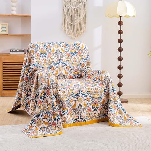 Image of XIBLC Boho Blanket Throw Quilt, 100% Cotton Soft Light Weight Throw Blankets for Summer, 60 inchx80 inch Farmhouse Flower Decorative Blankets, All Season Rustic Reversible Bohemian Throw Quilt