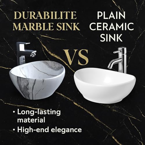 Image of Ceramic Tabletop Wash Basin - Glossy Bowl Shape Countertop Vessel Sink with Marble Finish for Bathroom & Vanity | Compact 16 x 13 x 5 Inch | Elegant Washbasin