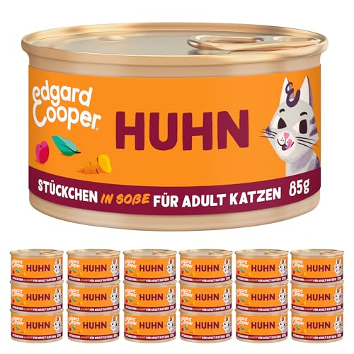 Edgard & Cooper Katzenfutter Nass Getreidefrei Katze Adult Erwachsene Sterilisierte oder Aktive Nassfutter Natürliche Stückchen in Soße 85g x 18 Huhn, Schmackhafte und Ausgewogene