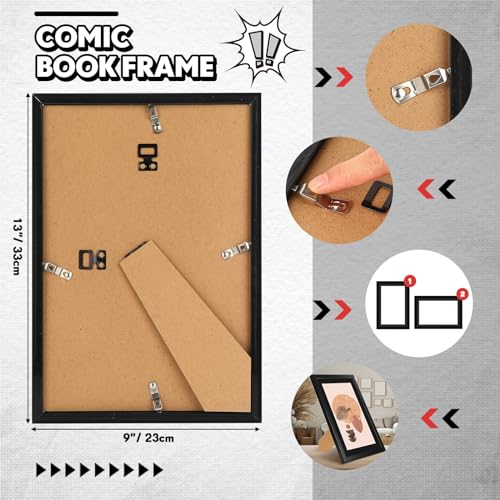 Image of Geetery 8 Pack Comic Book Frame UV Protection Magazine Picture Display Wall Mount Book Fit Current up to 6 3 /4 inch x 10 1 /4 inch Wall or Tabletop Display with Spring Clip Installed Hanger(Black (black Mat))