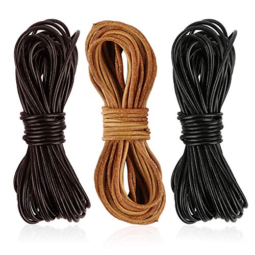 FLOFIA 3 Rollos de 20m x 2mm Cuerdas cuero redonda Cordón cuero Tira de piel negro marrón para...