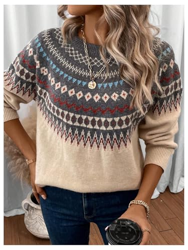 Image of BEAUDRM Women's Geometric Pattern Sweater Long Sleeve Crewneck Fair Isle Sweaters Christmas Pullovers Top Multicolor Large