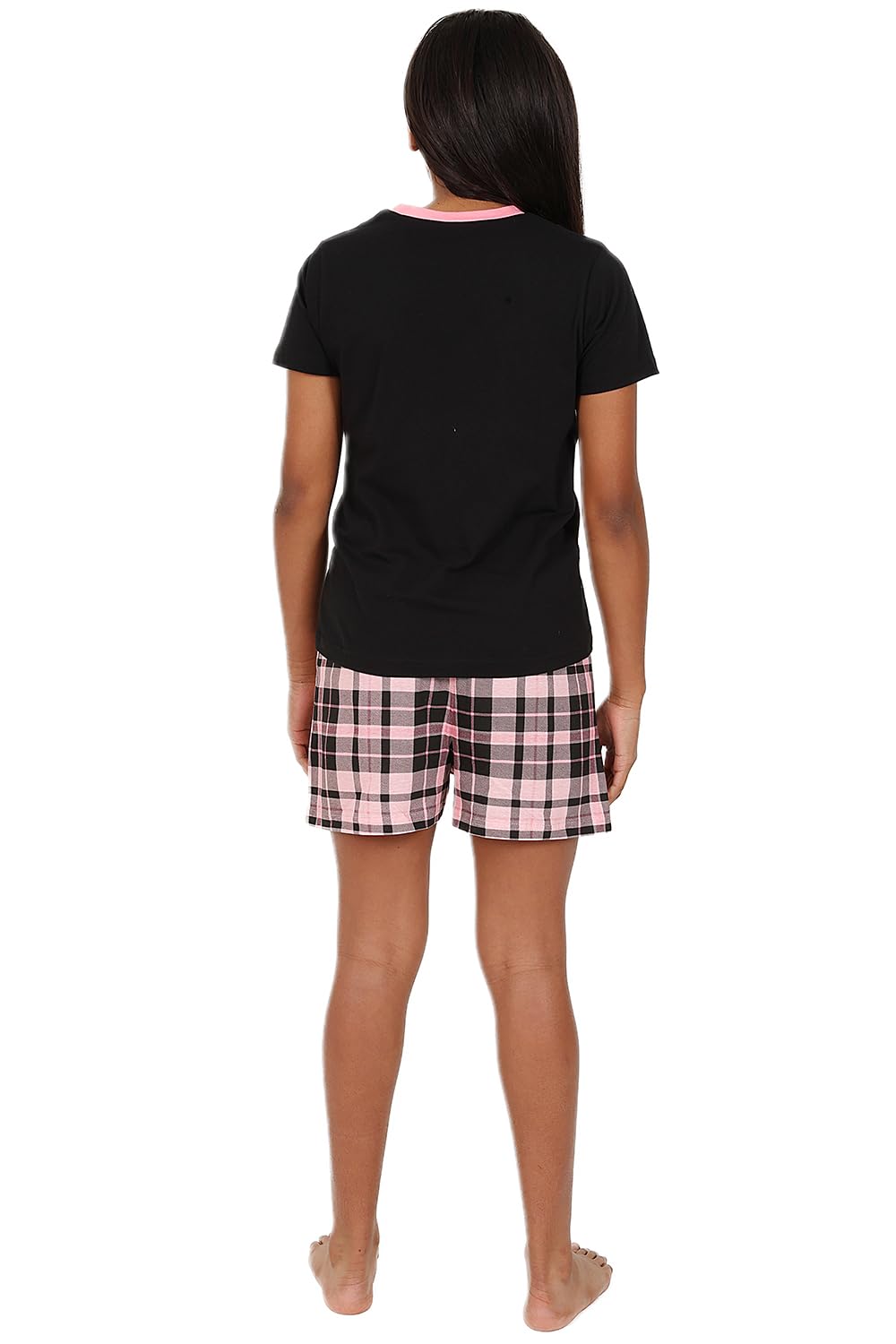 ThePyjamaFactory Pijamas de Algodón Cortos con Pierna a Cuadros en Negro y Rosa para Niñas PJ's para Niños