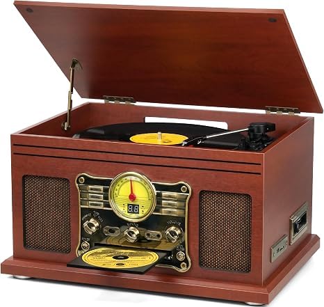 Image of FEKTIK Bluetooth Record Player 10 in 1, 3-Speed Turntable for Vinyl with Speakers, LP to MP3 Converter, CD, Cassette Player, FM Radio, Wireless Streaming | Mahogany