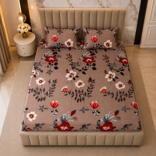 Image of THEA King Elastic Fitted Double Bedsheet Set| 100% Cotton Like Soft Fabric | Microfiber King Elastic Double Bedsheet for King Size Bed (72 X 78 x 10 inches) with 2 Pillow covers,Autumn Desire