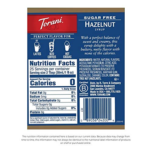 Image of Torani Sugar Free Hazelnut Flavored Drink Syrup, 25.4 fl oz (Pack of 4)