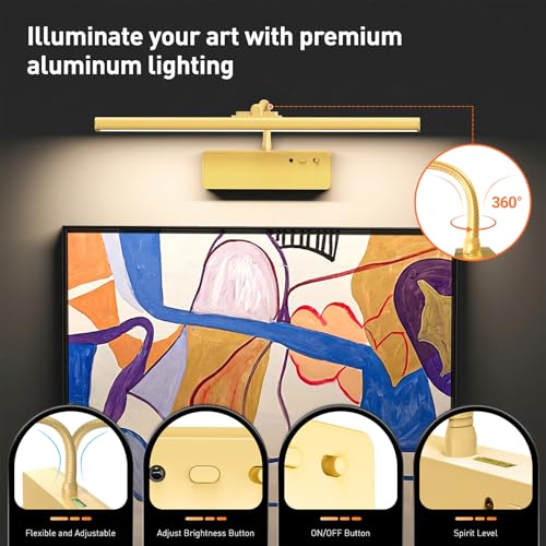 Picture Light, 15.35inch Wireless Picture Lights for Wall Rechargeable, 5400mAh Battery Wall Light with Remote, 3 Color Art Lighting for Paintings with Timer and Dimmable for Display, Gallery (Gold)