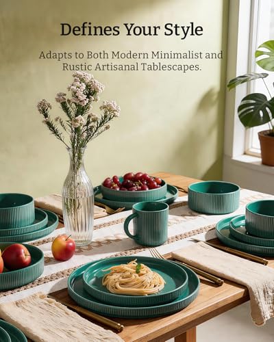 Image of Famiware Stoneware Dinnerware Set with Pasta Bowls, Sage Green Dishes for 6 | 24-Piece Ceramic Double Bowls & Flat Plates, Chip & Scratch Resistant, Microwave & Dishwasher Safe, Everyday Dining, Modern