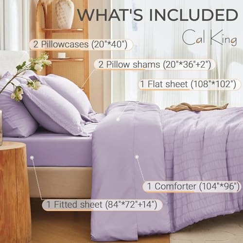 Image of MUXHOMO 7 Pieces California King Comforter Set, Seersucker Bed in a Bag Cal King Size, All Season Luxury Bedding Set with Comforter, Flat Sheet, Fitted Sheet, Pillowcases & Shams, Lavender