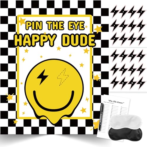 TYHJOY ONE Happy Dude Party Games Birthday Decorations, Pin the Eye on the Dude Game Smiley Face One Cool Dude Birthday Party Games Favors Supplies