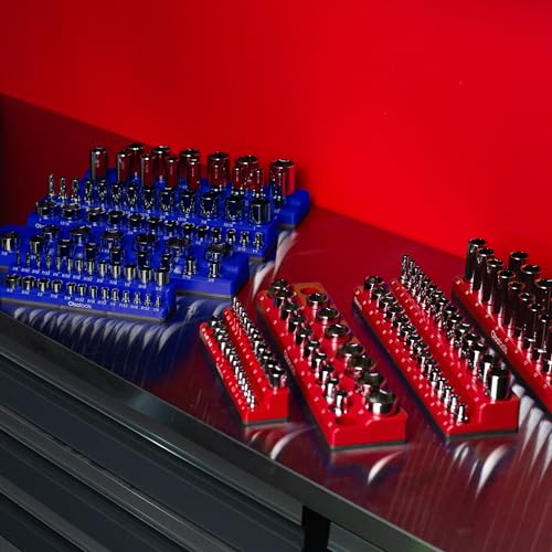 Image of Olsa Tools Magnetic Socket Organizer - 3 /8-Inch Drive SAE Socket Holder with Strong Magnets - Professional Tool Holder and Organizer - Stores up to 26 Sockets - Blue - Part: 1297