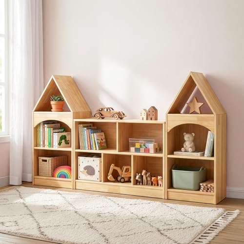 Image of OOOK Rubber Wood 5-Compartment Montessori Shelf, 35.4 inch L Toddler Bookshelf, 2-Tier Wooden Storage Cabinet, Kids Classroom Organizer, Playroom, Daycare and Preschool Storage Shelves