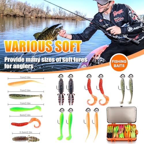 Kit de Señuelos de Pesca, Caja de Equipamiento con 91 Piezas incluyendo Cola Swimbaits, Gusanos Suaves, Cabezas Jig para Pesca, Líderes y Anzuelos miniatura 3
