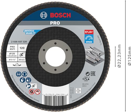 Bosch 1x PRO Metal X571 Fächerschleifscheibe, abgewinkelte Ausführung, Fiber, für kleine Winkelschleifer (für Stahl, Edelstahl, Ø 125 mm, Körnung 120, Professional Zubehör Kleiner Winkelschleifer)
