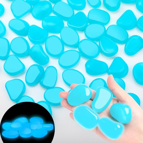Image of Landical 1.8 Inch 100 Pcs Large Glow in The Dark Rocks Garden Stones Night Guide Pebbles Outdoor Fish Tank Rocks Aquarium Gravel Luminous Stones for Walkway Yard Succulent Plant Decor (Light Blue)