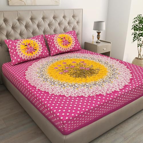 Image of JAIPUR PRINTS 100% Cotton Bedsheet for Double Size Bed bedsheets Rajasthani Jaipuri Printed Double Size Bedsheet with 2 Pillow Cover / 90x100 inch / 235x215 cm / (Pink)