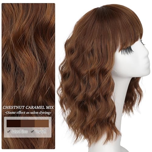 Image of Nnzes Short Wavy Bob Wig with Bangs for Women Shoulder Length Curly Soft Chestnut Caramel Mix Synthetic Heat-Resistant Fiber Hair for Daily & Party Use