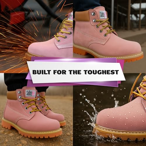 Image of Safety Girl Steel Toe Boots for Women - Pink - 7M | Water Resistant Women's Fusion Work Boots | Leather Work Boots | Rugged Goodyear Welt Construction | Oil Resistant Outsoles & Cushioned Insoles