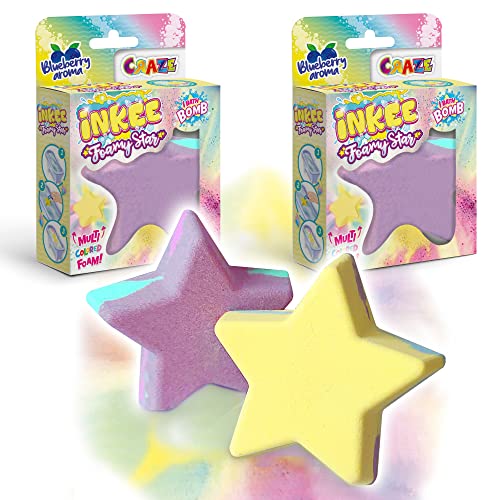 CRAZE INKEE Pack de 2 Bombas de baño para niños con forma de Estrella efecto colores, Bombas de baño con aroma a arándano, Color purpura o amarillo,70g por pack, 1 de 2 diseños, Sin Gluten