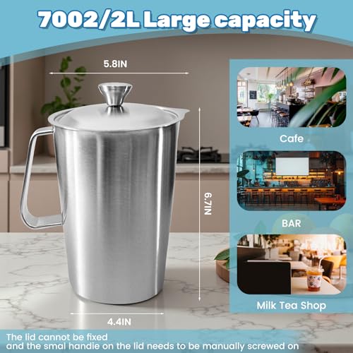 Jarra medidora grande 2 L de acero inoxidable con tapa y mango miniatura 2