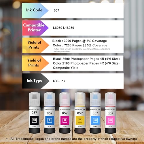 Image of 057 Compatible Ink for Ep L8050 L18050 Printer. (057 Ink Full Color Set 6 Color)