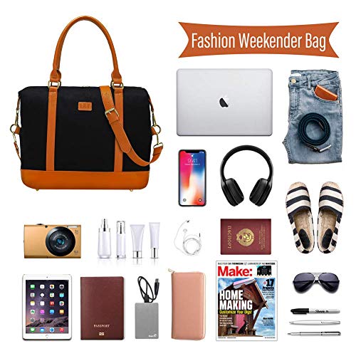 LXY Overnight Bag Women Black Travel Weekend Bag Canvas Carry-on Tote Duffel in Trolley Handle