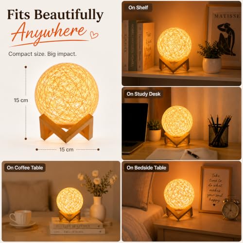 Image of Quace Moon Lamp with LED Fairy Lights, 15cm Rattan Ball Night Lamp for Bedroom, Kids Room & Living Room Decor, Warm White Decorative Table Lamp, Bedside Night Light, Gift for Girls & Housewarming