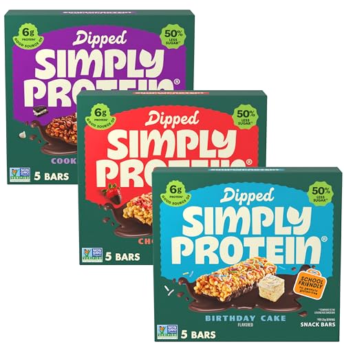 Simply Protein - Dipped Bars Variety Pack, 15 Count - Cookies and Crème (5), Chocoberry (5), and Birthday Cake (5) Flavors - Plant Based Snacks for Kids - 6g Protein, 3g Sugar, 100 Calories - 3 Boxes