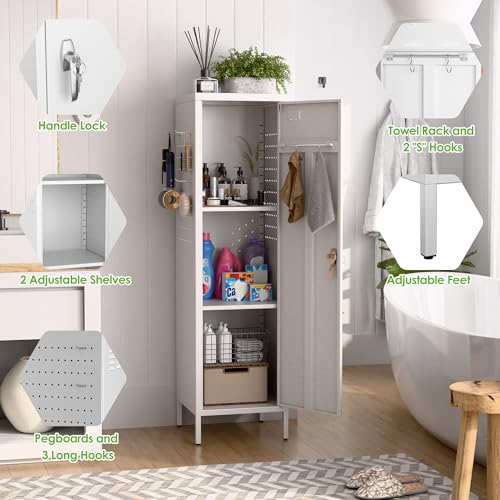 Image of Aobabo Metal Locker, 54 inch H Metal Storage Locker for Employees, Lockable 1 Door with Towel Rack and 2 Side Pegboards with Hooks for School Office Gym Home, Assembly Required (White)