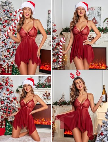 Image of SSoShHub SoShHub Women Babydoll Nightwear Swimwear Beachwear Sheer Honeymoon Lingerie with Panty Set Chrismas Bikini Girlfriend Wife New Year Babydoll Valentine Festival Bikini, Free Size